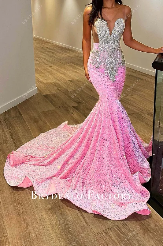 Rhinestones V-neck Pink Sequin Mermaid Prom Dress Tunics Satin smooth