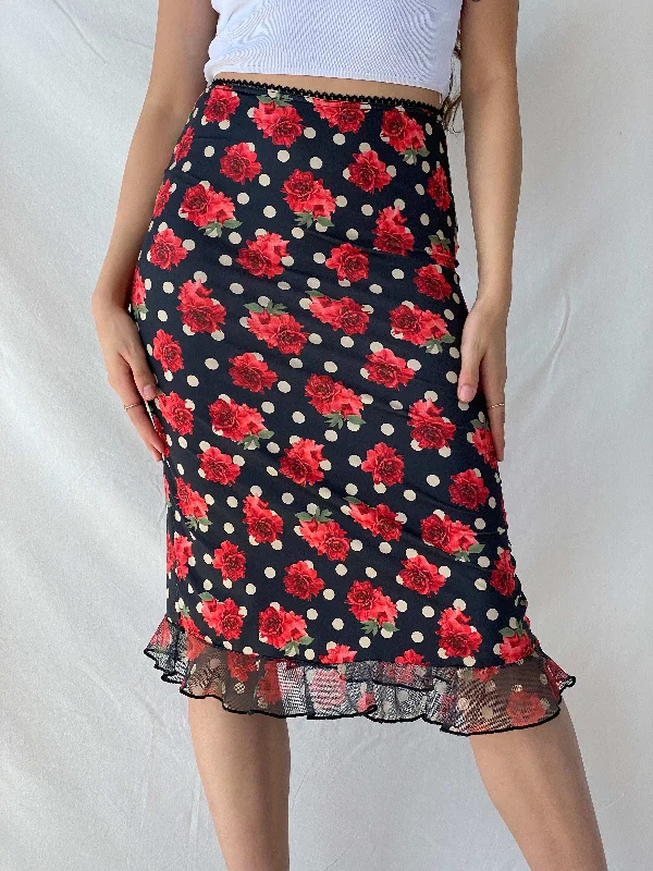 Vintage 90s Elite Club Floral Polka Dots Midi Fitted Skirt - M leather skirt refined