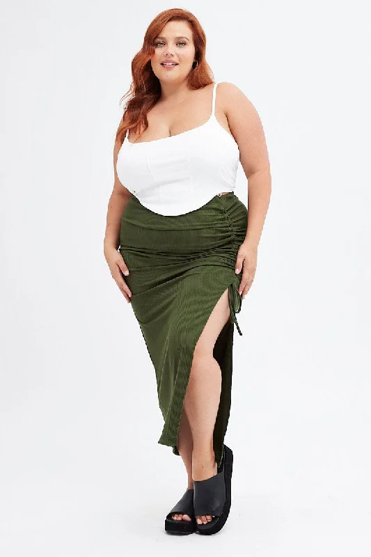 Green Rib Jersey Side Gathering Midi Skirt Affordable Jersey Tee