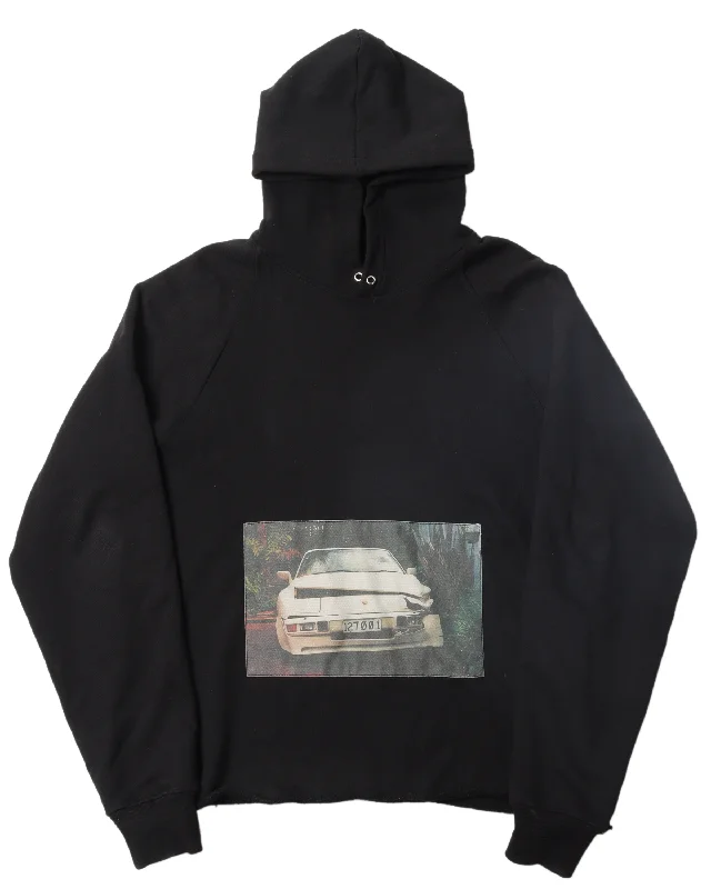 Crashed Porsche Raw-Hem Hoodie Hoodie with Hem Detail Decorative Unique
