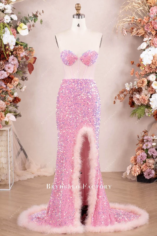 Sparkly Pink Corset High Slit Feather Prom Dress Crew Neckline Casual