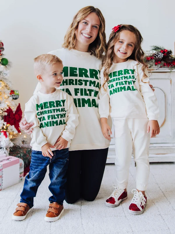 Women's Oversized Warm Knit Sweatshirt - Merry Christmas Hoodie with Distressed Vintage Worn