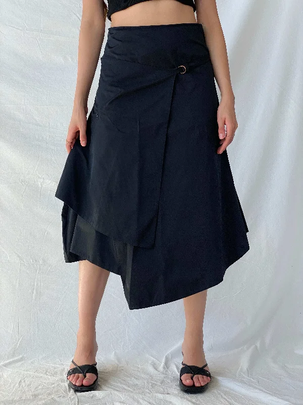 00s Asymmetric Midi Wrap-Front Black Cyber Goth Skirt - M corduroy skirt durable