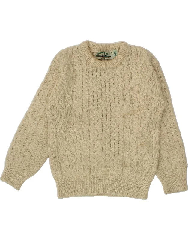 ARANCRAFTS Womens Boat Neck Jumper Sweater UK 10 Small Beige Wool Graphic Sweater Embroidered Appliqued