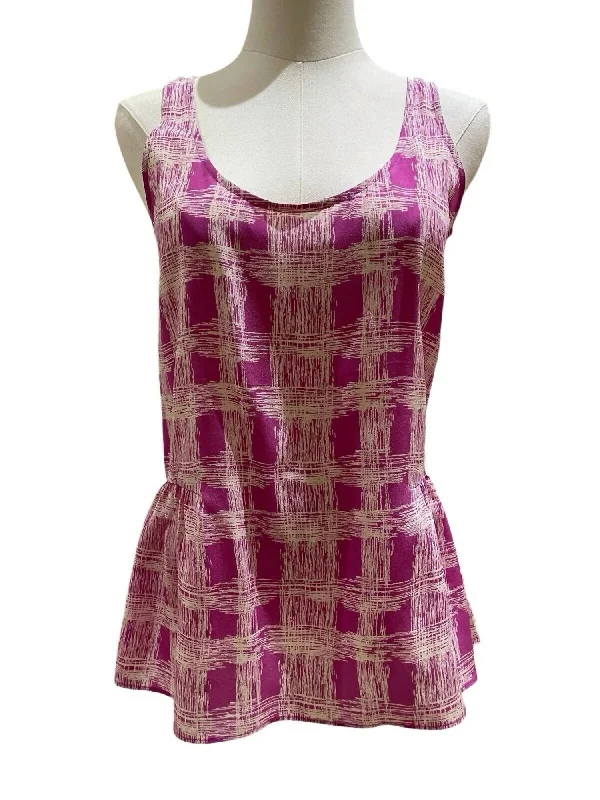 Women's Silk Printed Peplum Hem Sleeveless Tank Top In Pink cotton tank top