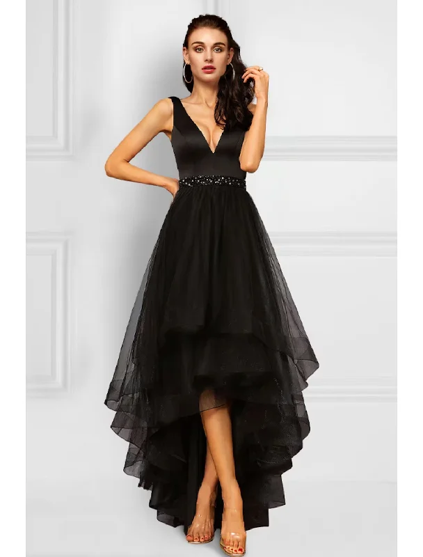 A-Line Cocktail Dresses Elegant Dress Party Wear Asymmetrical Sleeveless V Neck Organza with Rhinestone Ruffles Off-the-shoulder Chic Trendy