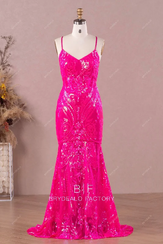 Hot Pink Sequin Sleeveless Sweep Train Mermaid Prom Dress Tunics Cozy comfortable