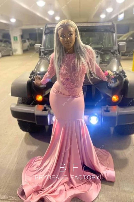 Baby Pink Lace Jersey Mermaid Horsehair Long Train Prom Dress Tunics Essential wardrobe