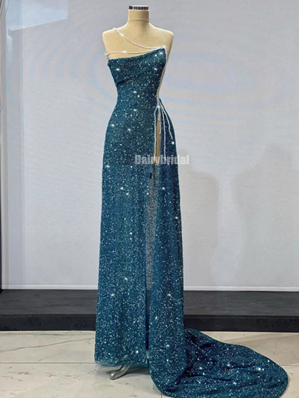 Stunning One-Shoulder A-line Sequin Slit Sparkle Prom Dresses, FC6244 Tunics Chic fashionable