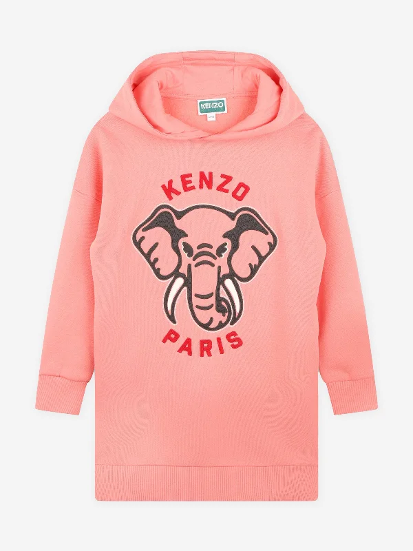 KENZO Girls Elephant Hooded Sweater Dress in Pink Cotton Fabric Linen Fabric Terry Fabric