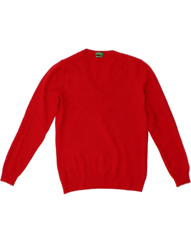BENETTON Womens V-Neck Jumper Sweater UK 14 Large Red Merino Wool Slim Fit Regular Fit Oversized