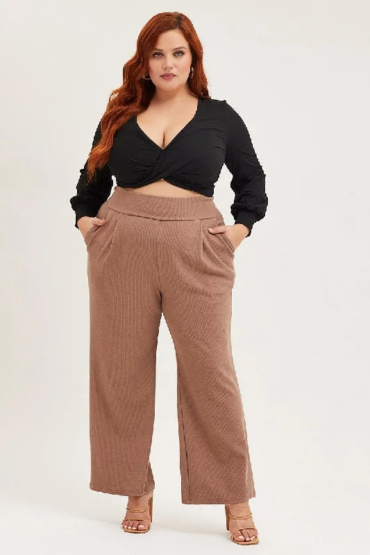 Beige Rib Jersey Wide Leg Beige Pant Casual Weekend Jersey Tee
