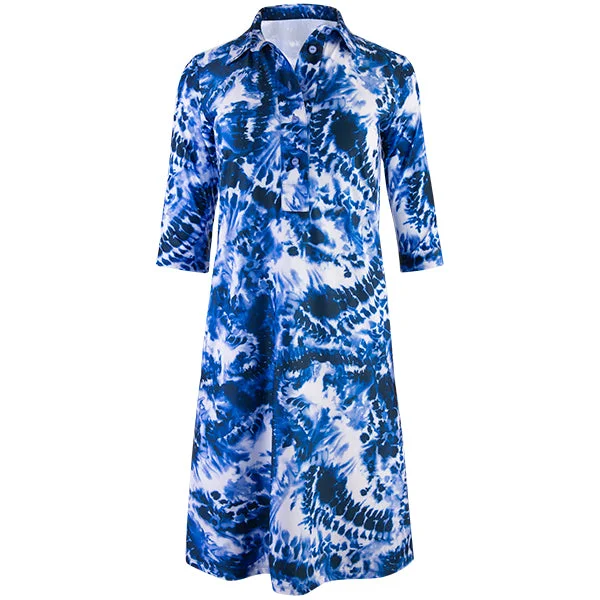 Jersey Shirtdress w/ 3/4 Sleeves in Admiral Tie Dye Warm Jersey Shirt
