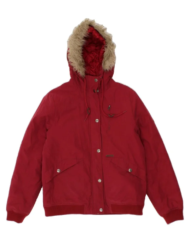 BILLABONG Womens Hooded Bomber Padded Jacket UK 16 Large Burgundy Cotton Insulated Jacket Fitted Jacket Loose Jacket