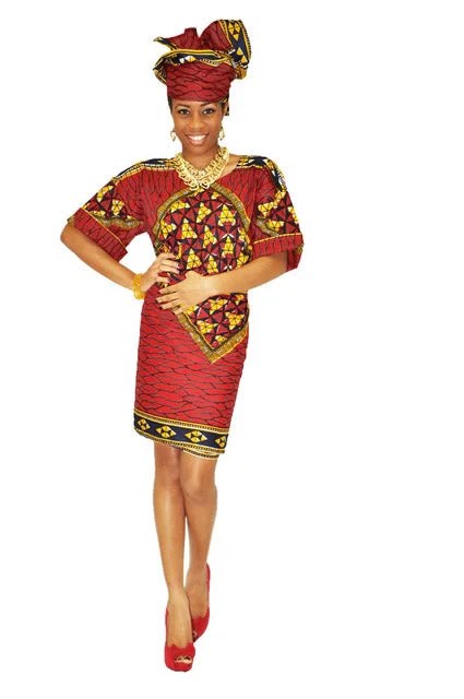 Deep-Red, Goldish Yellow African Print Top and Wrap Skirt-DP3786 silk skirt lustrous