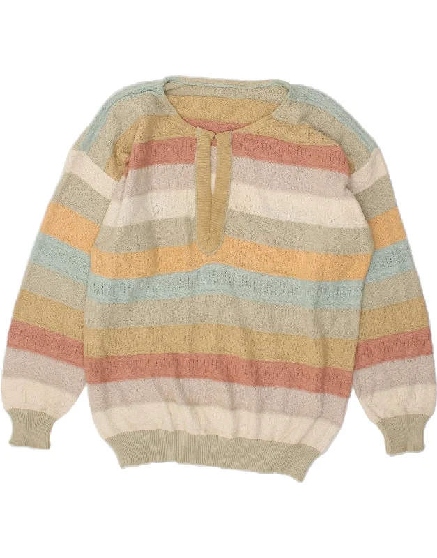 VINTAGE Womens V-Neck Jumper Sweater UK 16 Large Multicoloured Striped Cotton Fabric Linen Fabric Terry Fabric