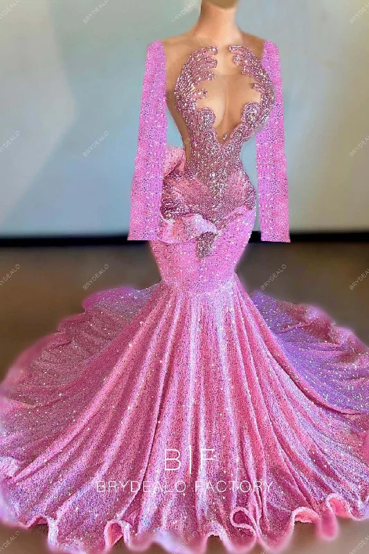 Custom Long Sleeves Iridescent Pink Sequin Long Prom Dress Tunics Solid Classic