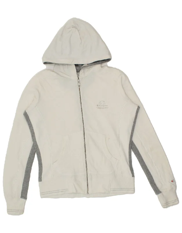 CHAMPION Womens Zip Hoodie Sweater UK 10 Small White Colourblock Cotton Hooded Sweater Collared Sweater Shawl Collar