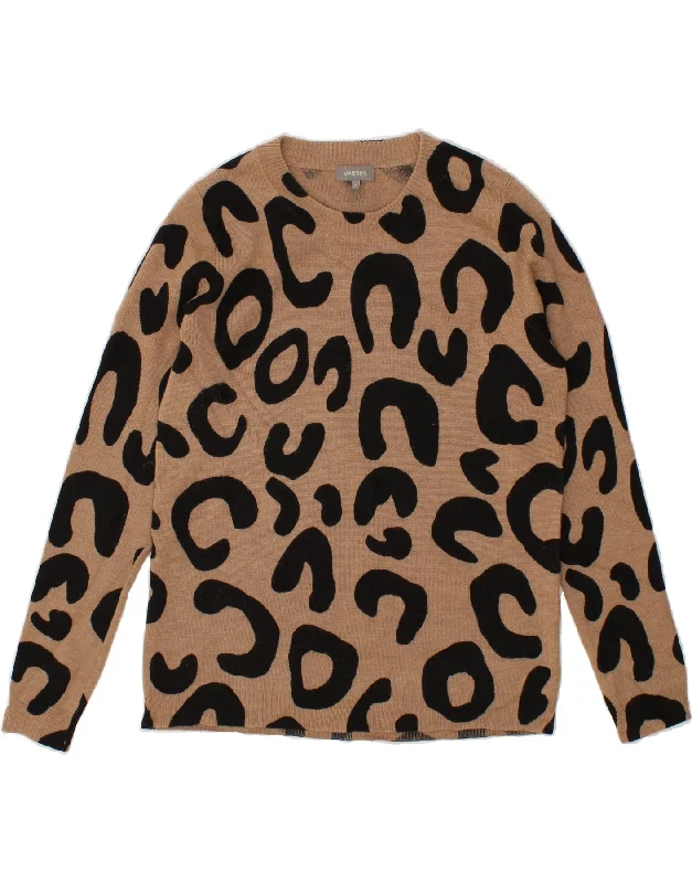 JAEGER Womens Crew Neck Jumper Sweater UK 12 Medium Brown Animal Print Beaded Sweater Sequined Faux Fur