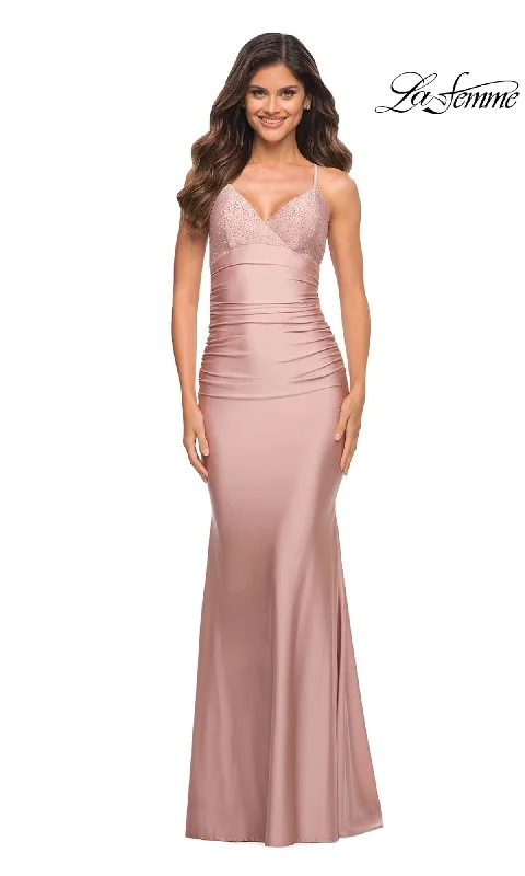 La Femme Long Jersey Prom Dress with Beaded Bust Jet Black Jersey Tee
