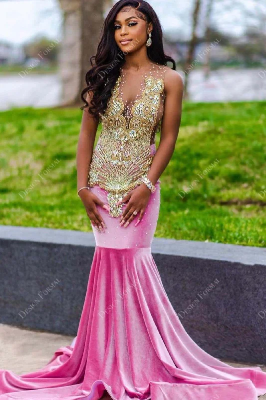 Crystals Illusion Pink Velvet Mermaid Custom Made Prom Dress Tunics Mesh breathable