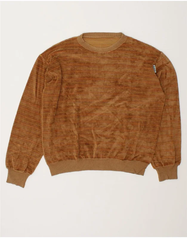 VINTAGE Womens Crew Neck Jumper Sweater UK 16 Large Brown Striped Terry Blend Velvet Blend Canvas Blend
