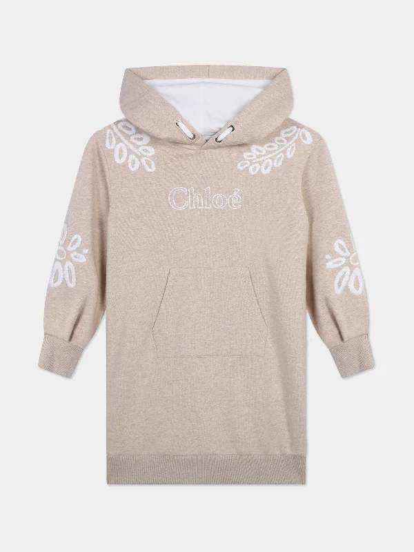 Chloé Girls Embroidered Hooded Sweater Dress in Beige Real Fur Shearling Chenille