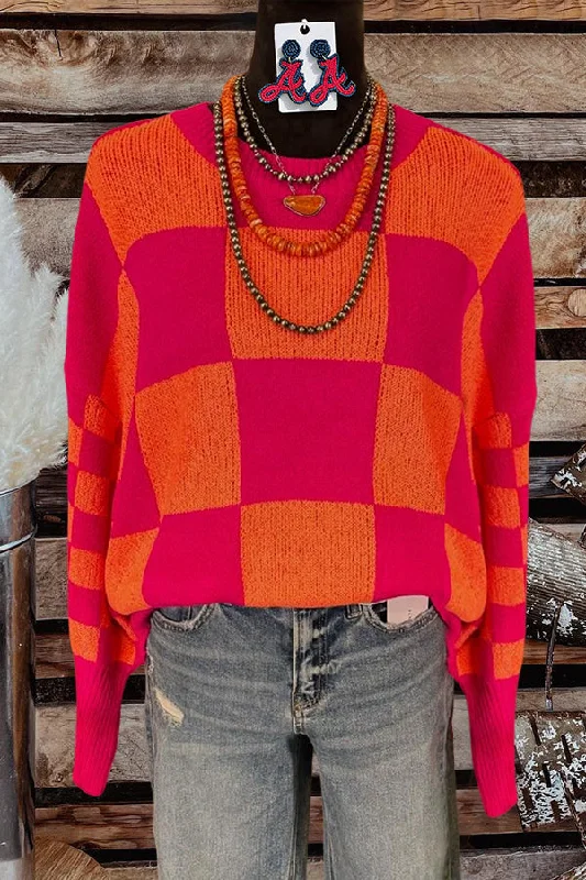 Contrast Check Sweater Satin Blend Silk Blend Wool Blend