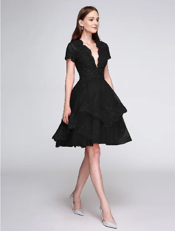 Cute Dress Cocktail Party Knee Length Short Sleeve Neck Organza Appliques A-Line Day Work
