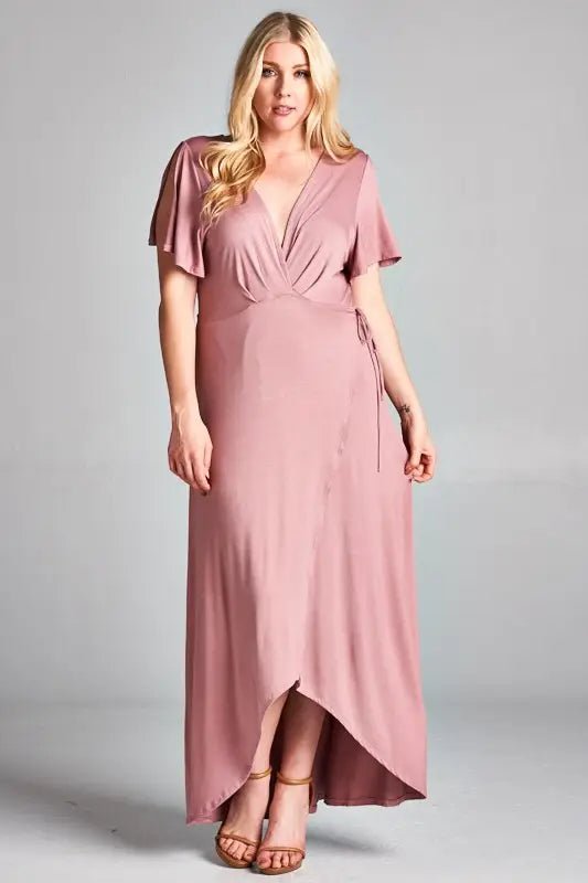Mauve Plus Size Wrap Style Maxi Hi-Low Jersey Dress Lavender Jersey Tee