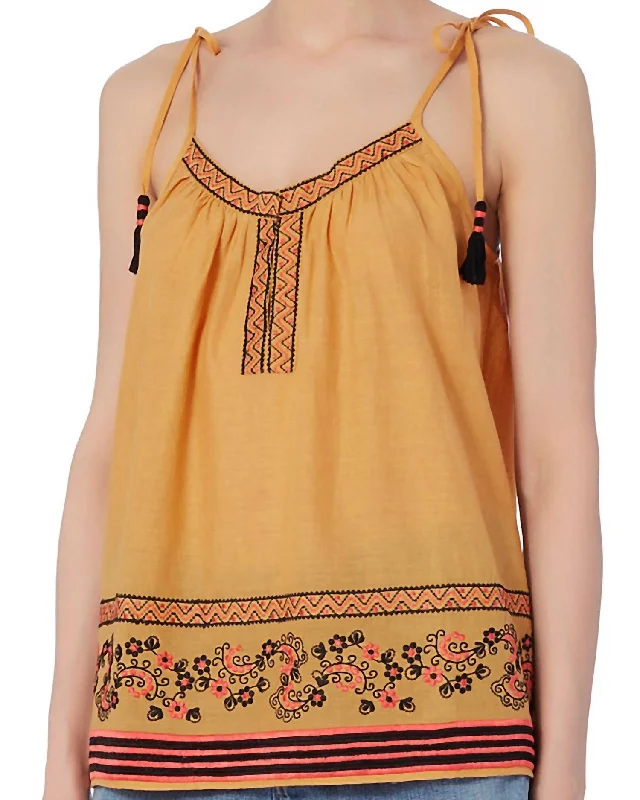 Women's Embroidered Cotton Tank Top In Yellow rhinestone tank top