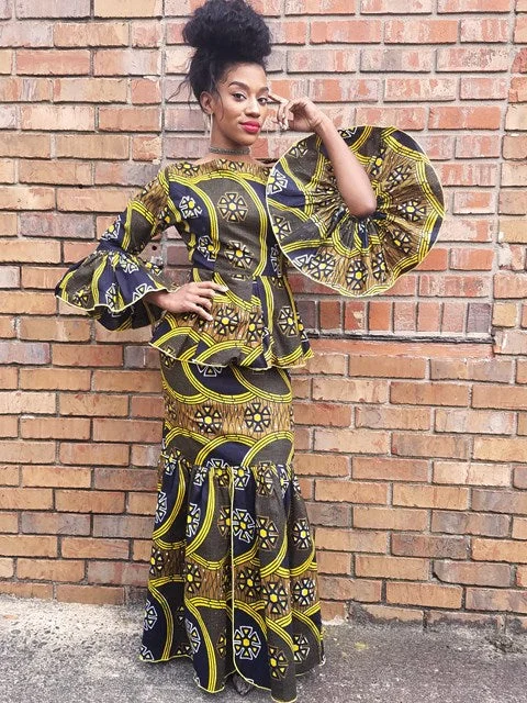 African Print Top and Skirt with Flare Sleeves-DP3210TS wool skirt warm