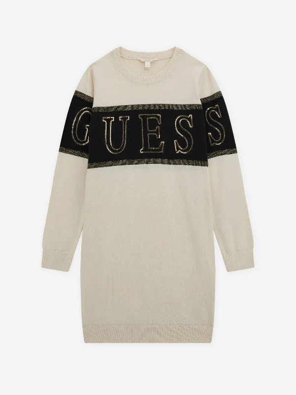 Guess Girls Logo Sweater Dress in Ivory Welt Pockets Slit Pockets Flap Pockets