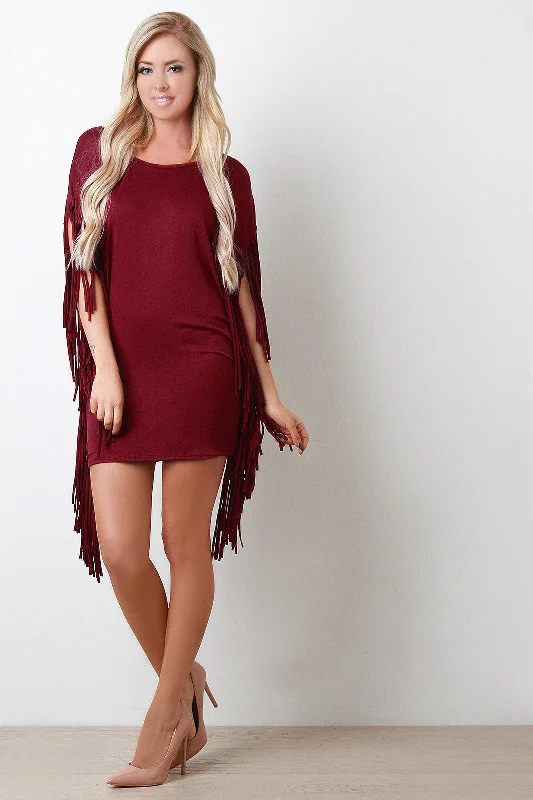Jersey Knit Fringe Mini Poncho Dress Boutique Jersey Tee