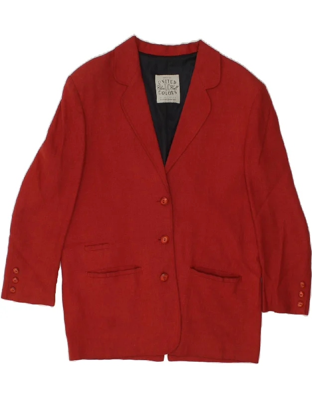 BENETTON Womens Longline 3 Button Blazer Jacket IT 44 Medium Red Viscose Front Pockets Side Pockets Patch Pockets