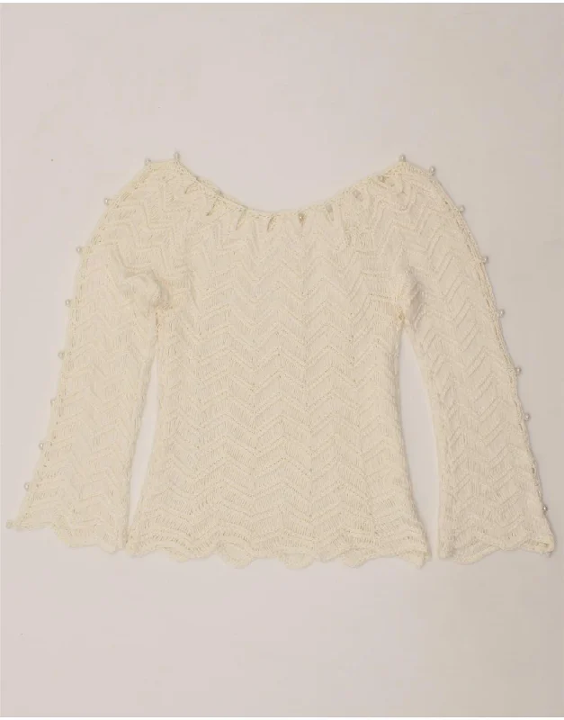 VINTAGE Womens Crop Boat Neck Jumper Sweater UK 6 XS White Chevron Cotton Cashmere Blend Cotton Blend Poly Blend