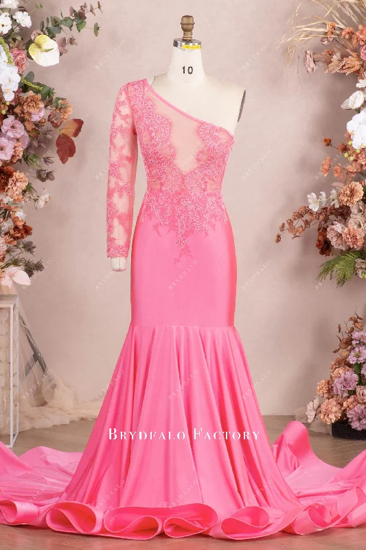 Flamingo One Sleeve Lace Jersey Mermaid Prom Dress Tunics Prom sequined
