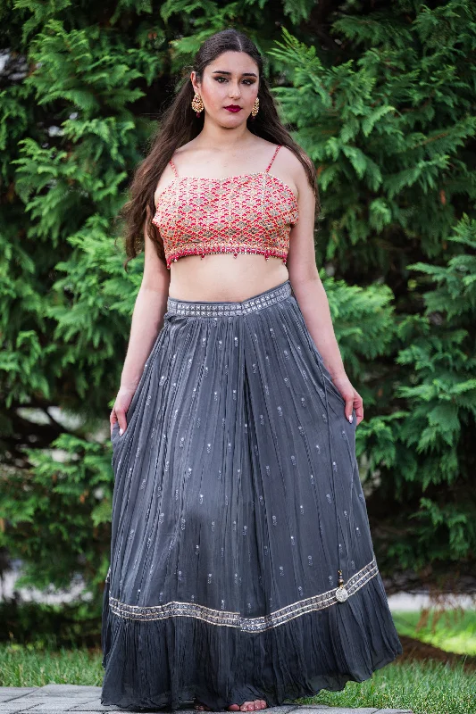 Elegant Grey Embroidered Sequin Lehenga with Stylish Blouse and Jacket Denim Jacket Leather Jacket Suede Jacket