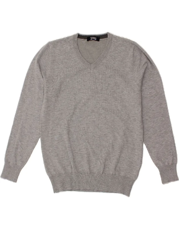 TRUSSARDI Womens V-Neck Jumper Sweater IT 54 3XL Grey Wool Print Jacquard Patchwork