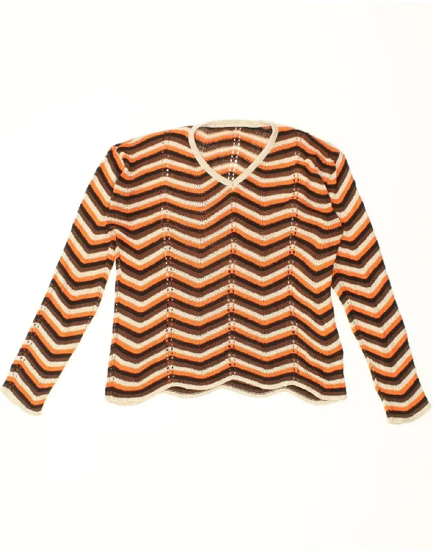 VINTAGE Womens V-Neck Jumper Sweater UK 14 Large Brown Chevron Beaded Sweater Sequined Faux Fur