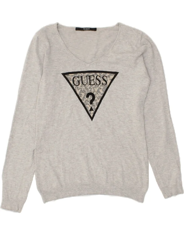 GUESS Womens Graphic V-Neck Jumper Sweater UK 12 Medium Grey Open Front Closed Front Wrap Front