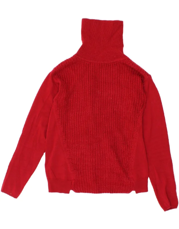KAREN MILLEN Womens Roll Neck Jumper Sweater Size 3 Medium Red Wool Chenille Brocade Lace