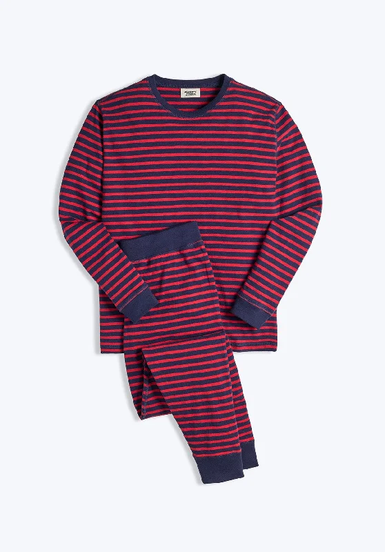 Helen Lounge Set in Navy and Red Stripe Slub Jersey Cream Jersey Tee