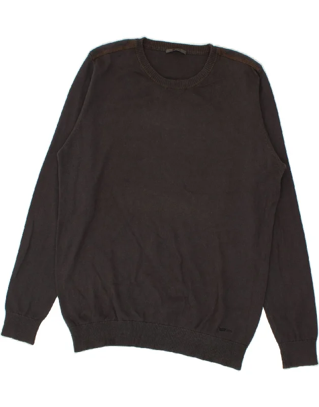 GAS Womens Crew Neck Jumper Sweater UK 14 Large Grey Cotton Beaded Sweater Sequined Faux Fur
