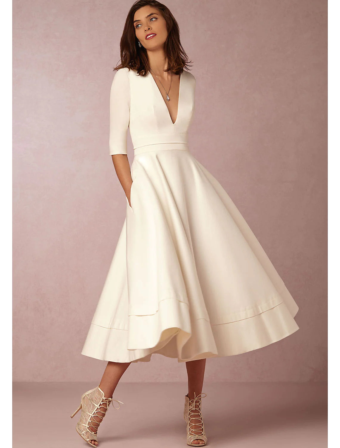 A-Line Special Occasion Dresses Party Dress Holiday Tea Length Half Sleeve V Neck Pocket Jersey with Pleats Tunics Winter warm