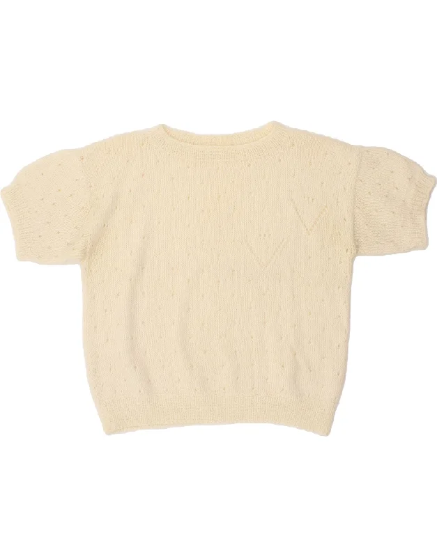 VINTAGE Womens Short Sleeve Boat Neck Jumper Sweater UK 16 Large Off White Transparent Opaque Sheer