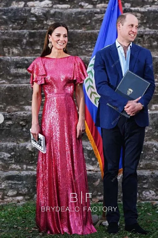 Kate Middleton Hot Pink Sequin Elegant Long Celebrity Dress Tunics Luxurious high-end