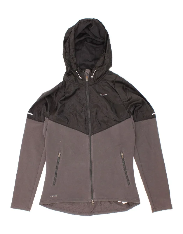 NIKE Womens Dri Fit Zip Hoodie Sweater UK 10 Small Grey Colourblock Cotton Embroidered Appliqued Beaded