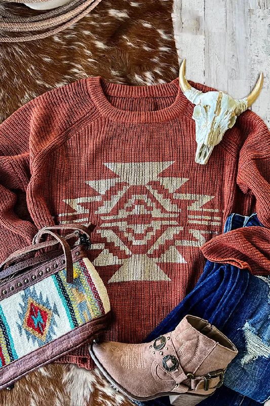 Western Aztec Printed Sweater Solid Print Embellished