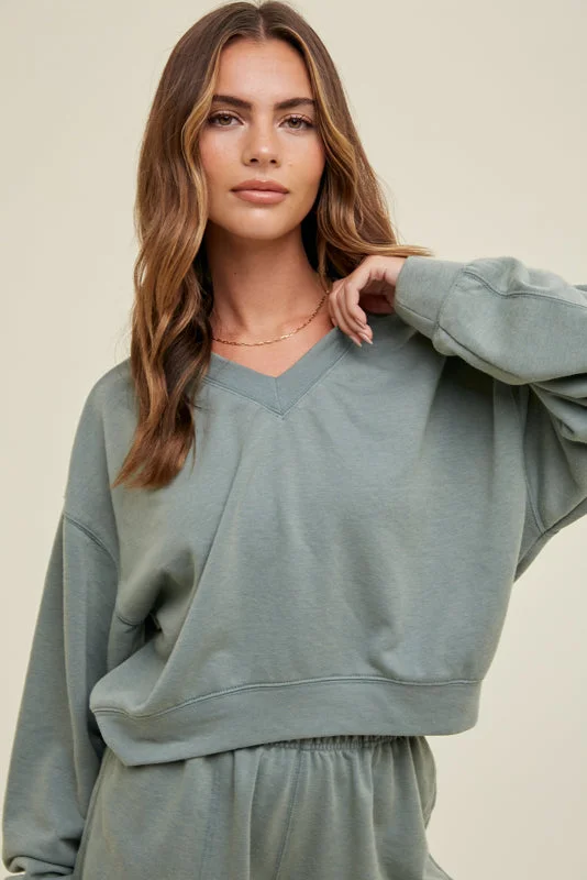 Washed French Terry Crop Sweatshirt- Pistachio Hoodie with Turtle Neck Cozy Winter